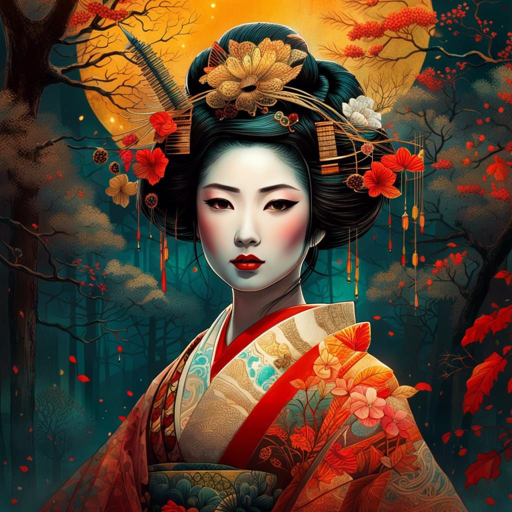 Geisha Portrait with Luminous Colors and Golden Outlines