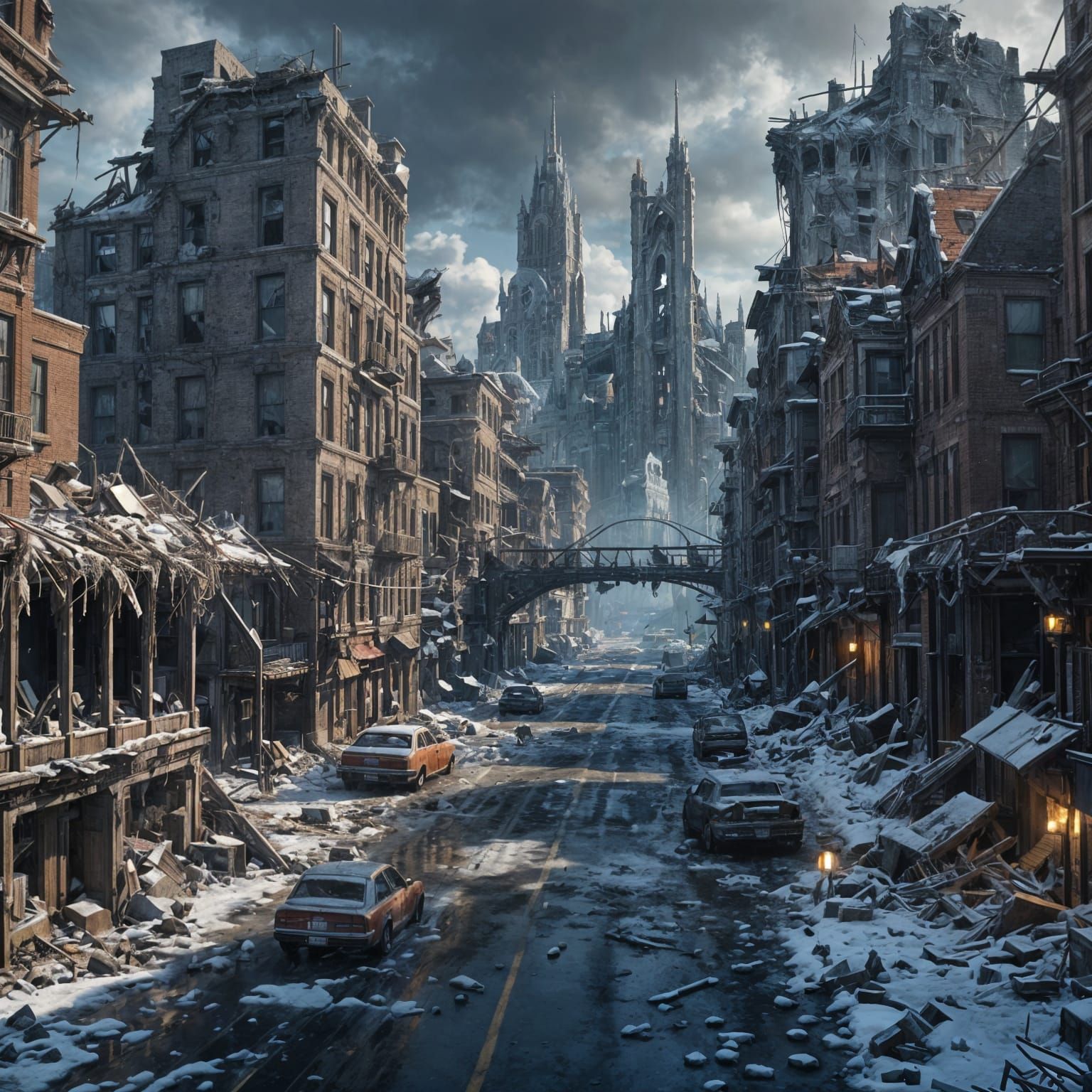 Post-Apocalyptic Winter Cityscape in Vibrant Splendor