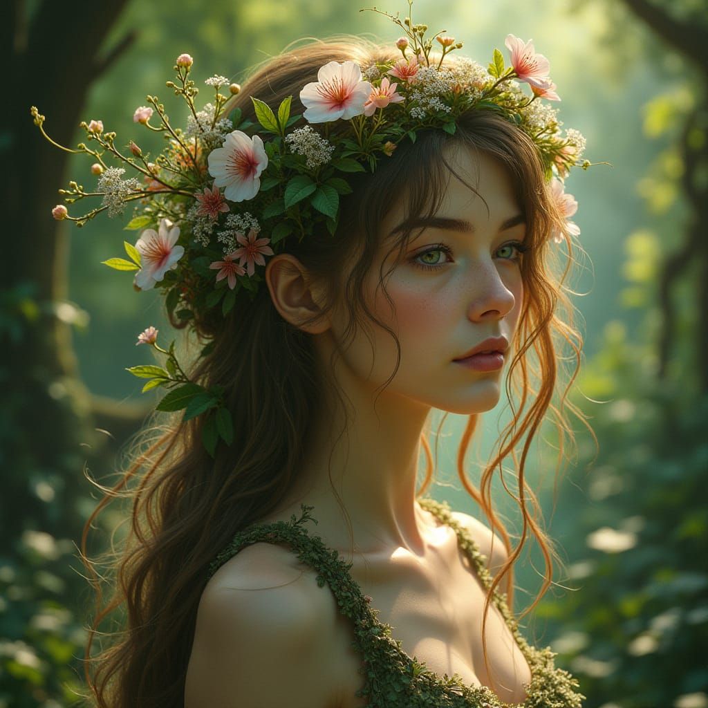Mystical Dryad in Sun-Dappled Forest, Pre-Raphaelite Style