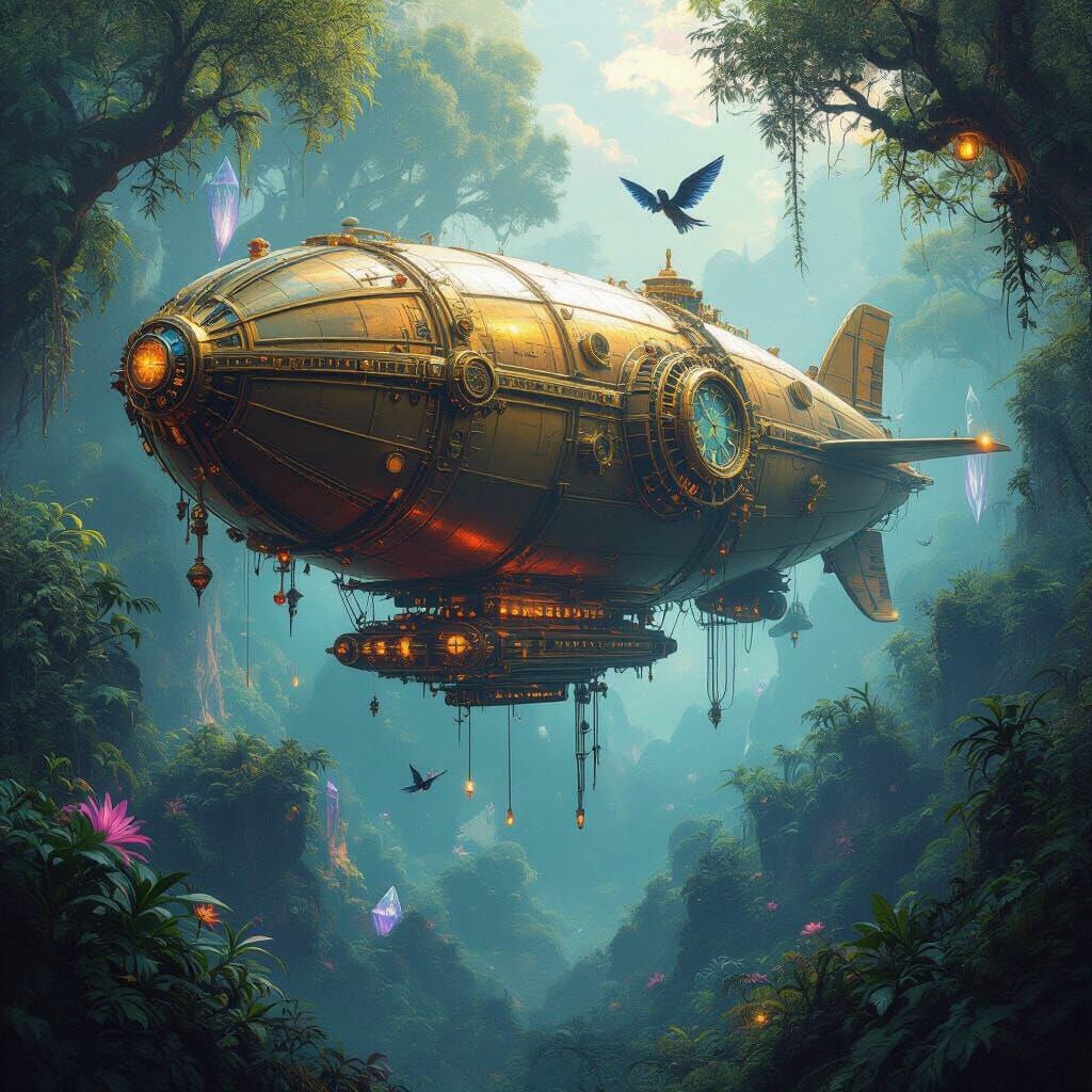 Colossal Clockwork Airship Above Alien Jungle