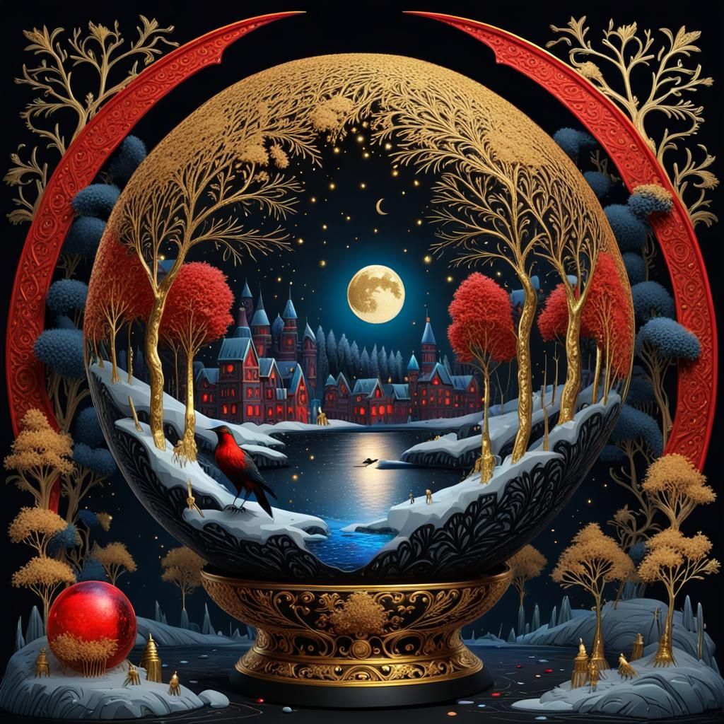 Ice Sphere Moon Over City in Palekh Style