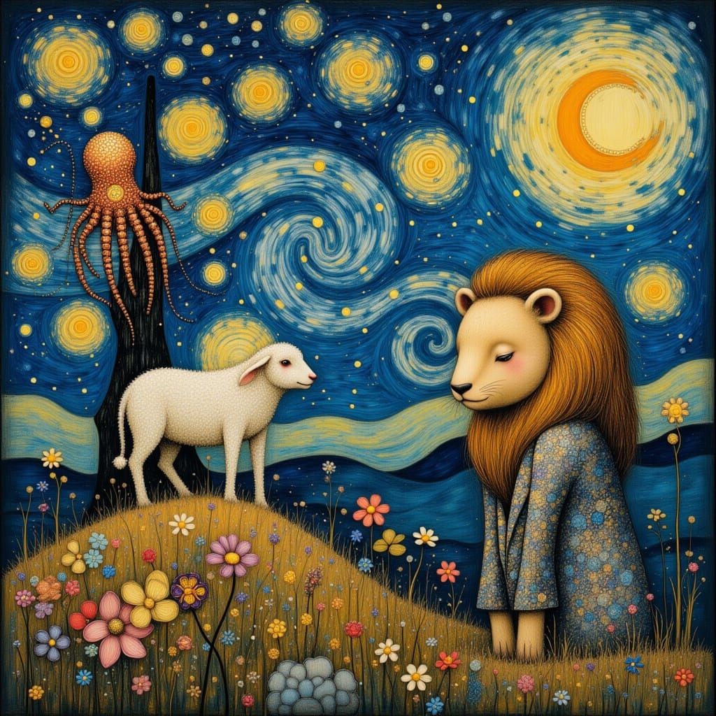 Surreal Lion and Friends in Van Gogh Style