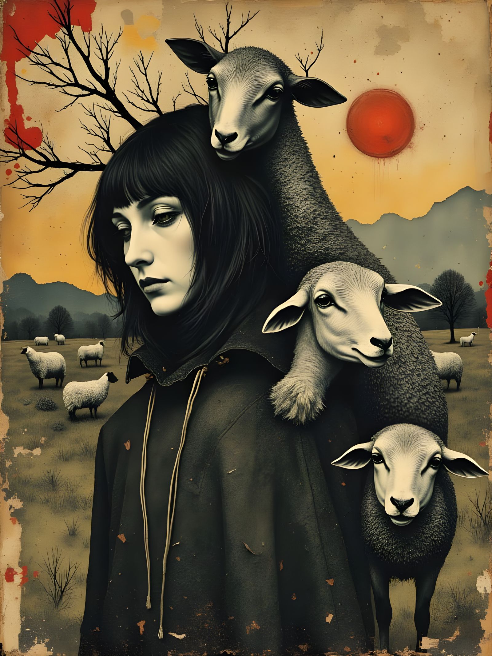 Surreal Woman with Sheep in a Moody Sunset