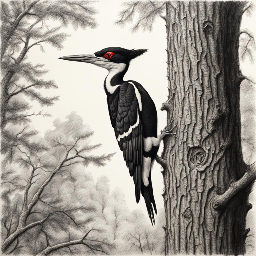 Ivory-billed Woodpecker in Charcoal Drawing