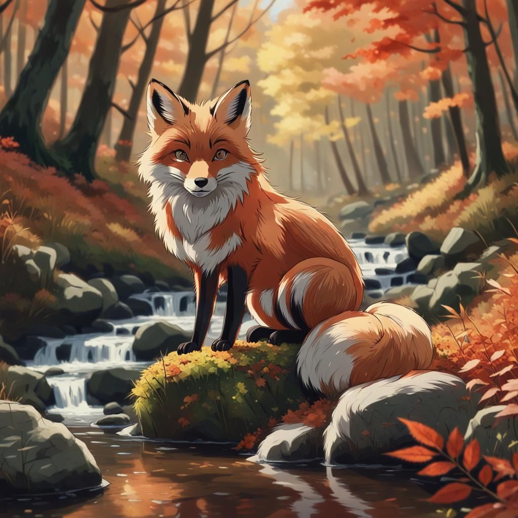 Red Fox in Autumn Forest: Studio Ghibli Anime