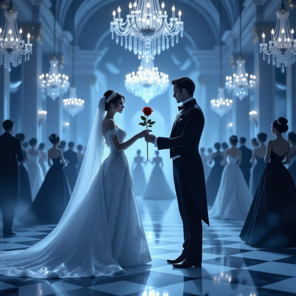 Ethereal Couple Exchanging Rose in Ghostly Ballroom
