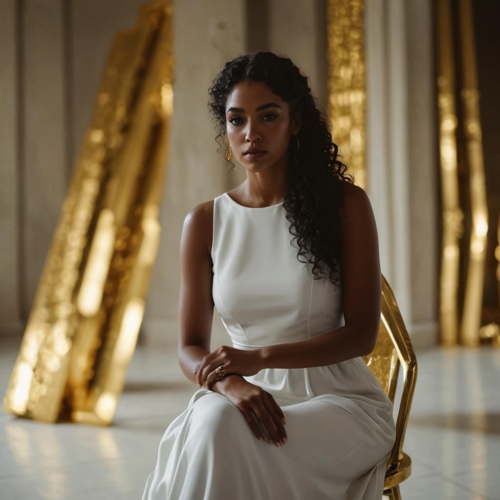 Woman in White Dress Surrounded by Gold Bars