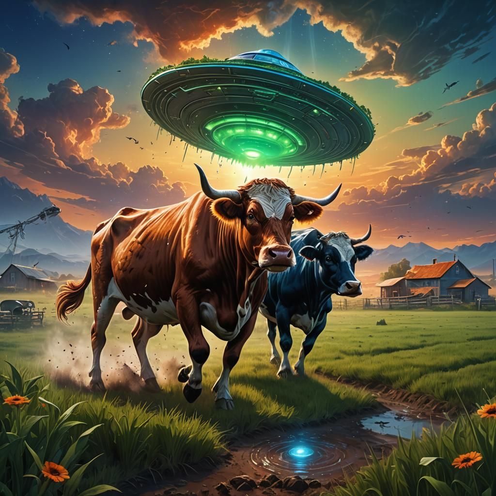 Flying Saucer Abducts Cow: Vibrant Digital Matte Painting