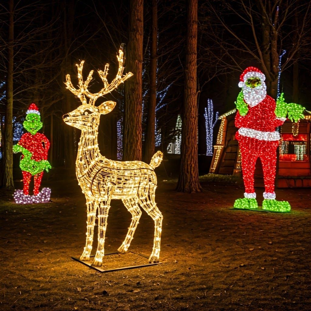 Fairytale figures made of Christmas lights in a park. Illuminated reindeer, Santa, Grinch, pine trees, Christmas hut.