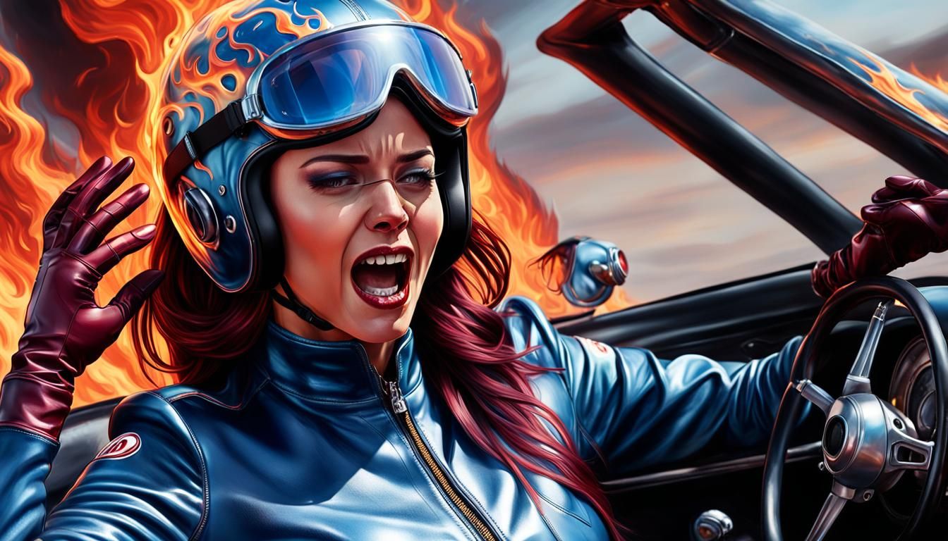 Burning Fear: Hyperrealistic Racing Girl in Flames