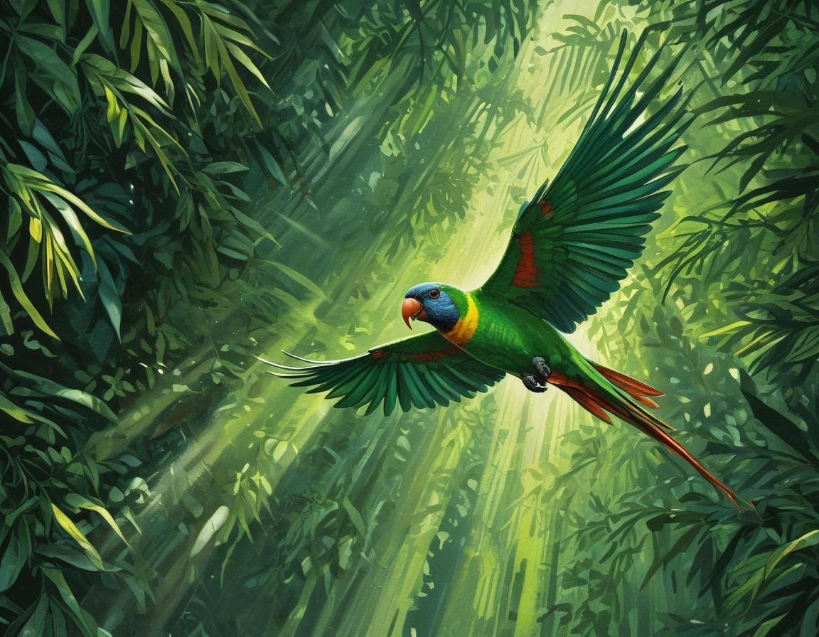 Emerald Parrot in Sunlight: Comic Book Illustration