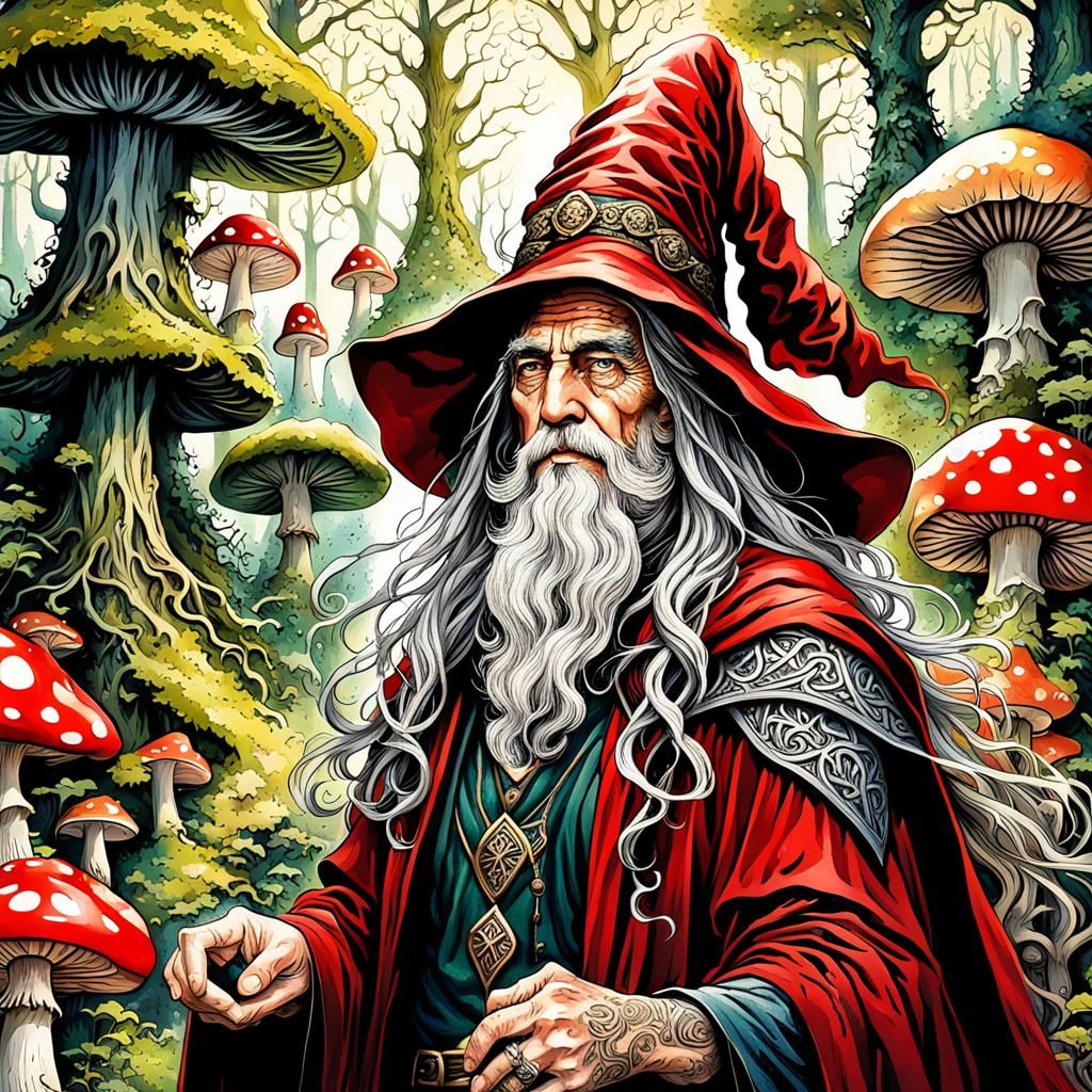 Majestic Wizard in High Gothic Watercolor Forest