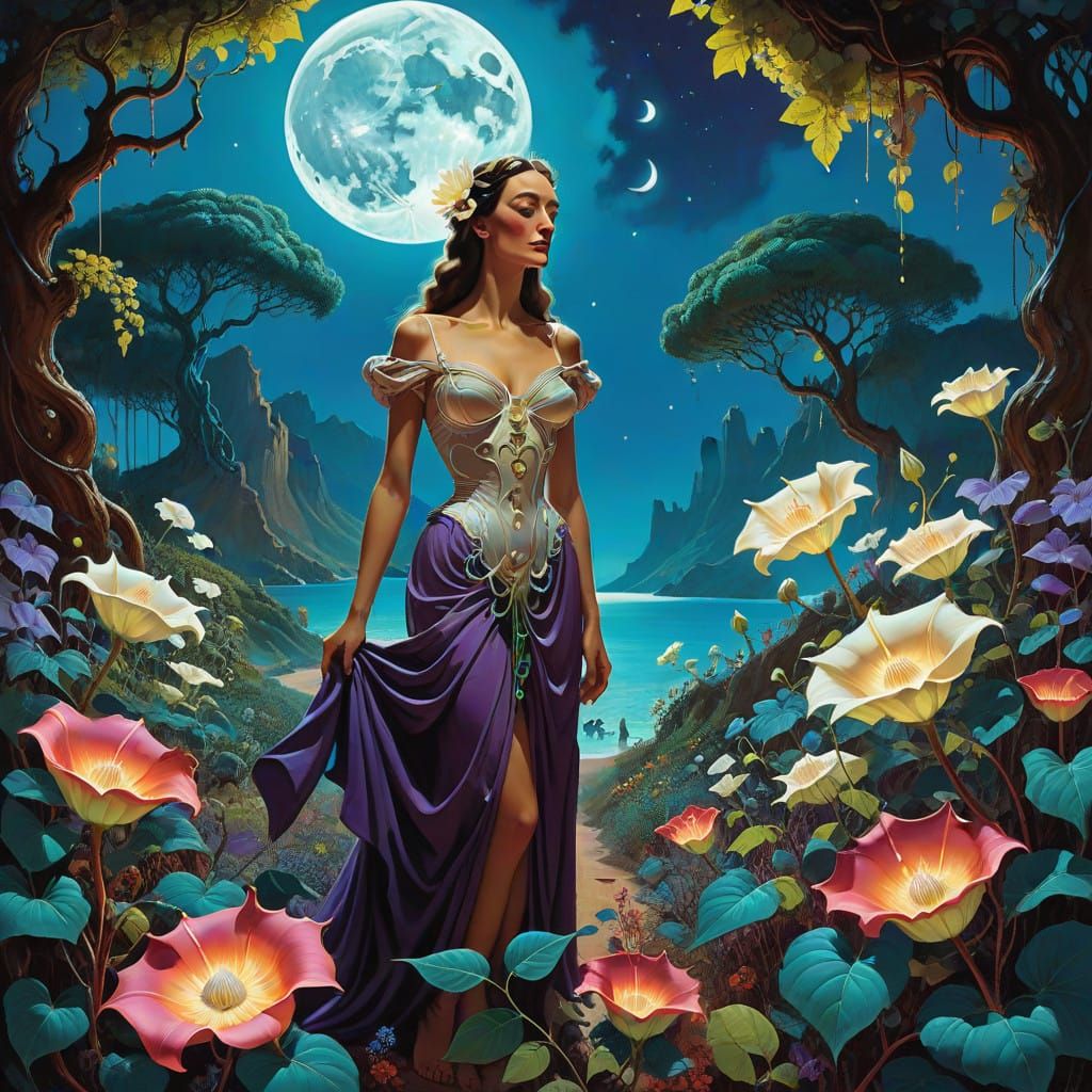 Surreal Blood Moon Illuminates Vibrant Forest Clearing