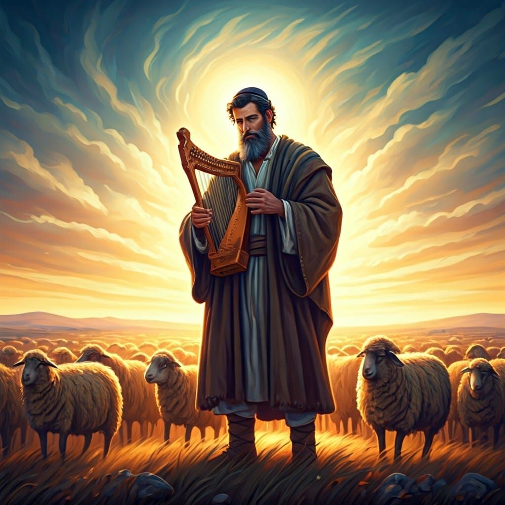 Majestic Hebrew Shepherd Plays Harp Amidst Gentle Flock