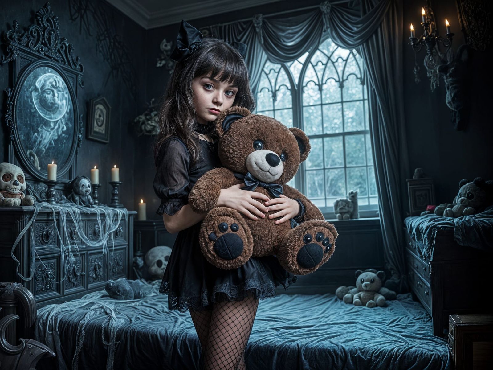 Goth Girl with Evil Vampire Teddy in Haunted Bedroom