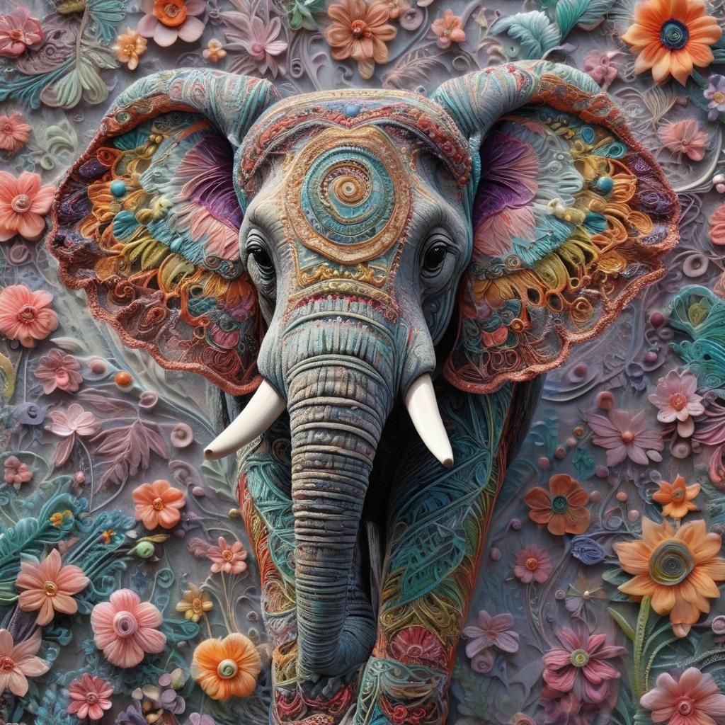 Rainbow Pastel Elephant Yarn Art Embroidery