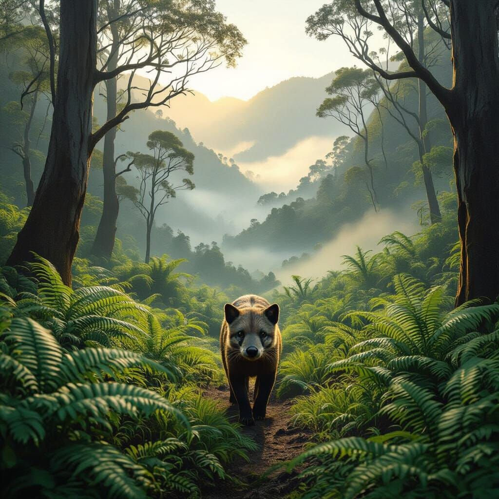 Tasmanian Tiger in Misty Valley: Hyperrealistic Style