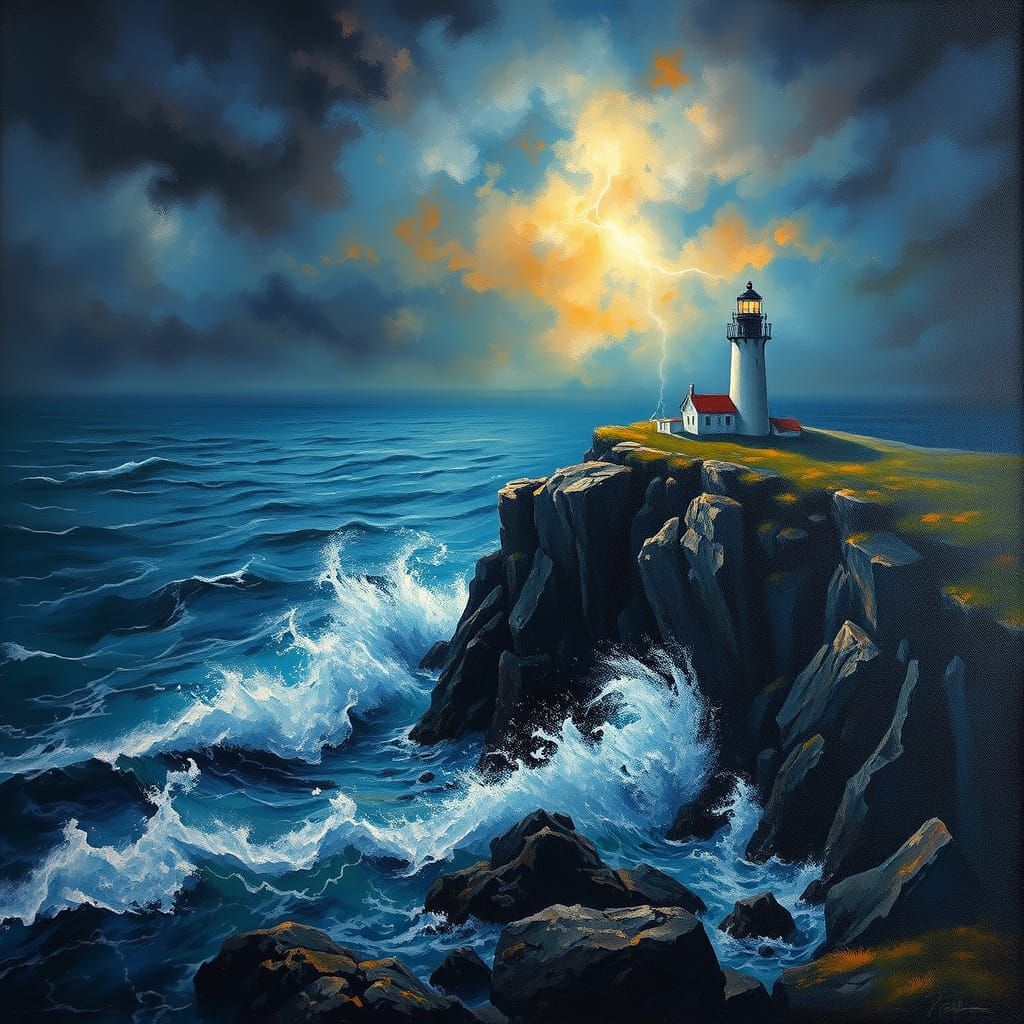 Stormy Seas: Lighthouse in Oil Painting Style