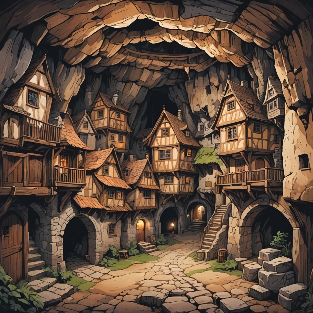 Cartoonish Underground Town in Gloomy Cavern