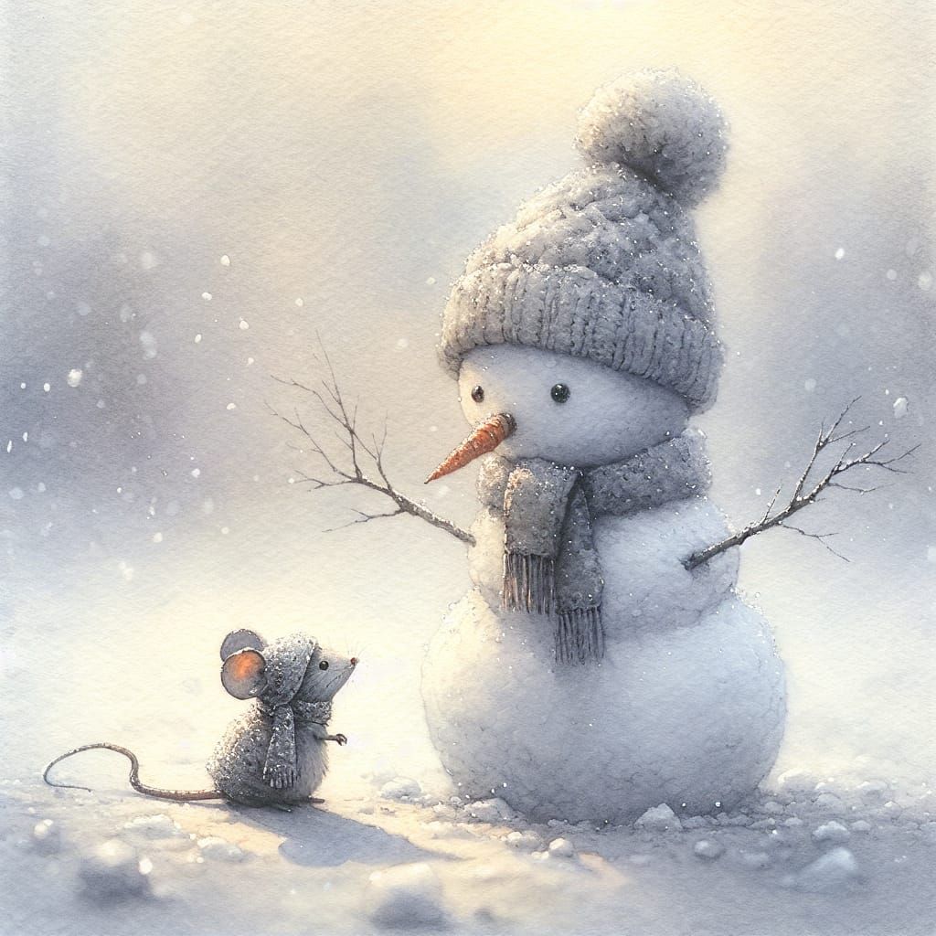Mini Snowman's Snowy Chat: A Watercolor Storybook Scene