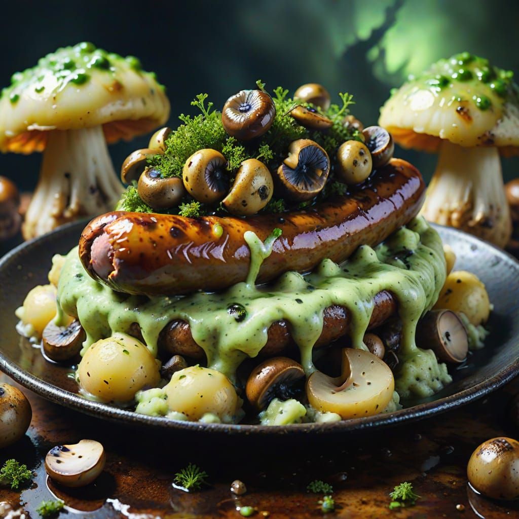 Surreal Moldy Sausage Dinner in Oil Painting Style