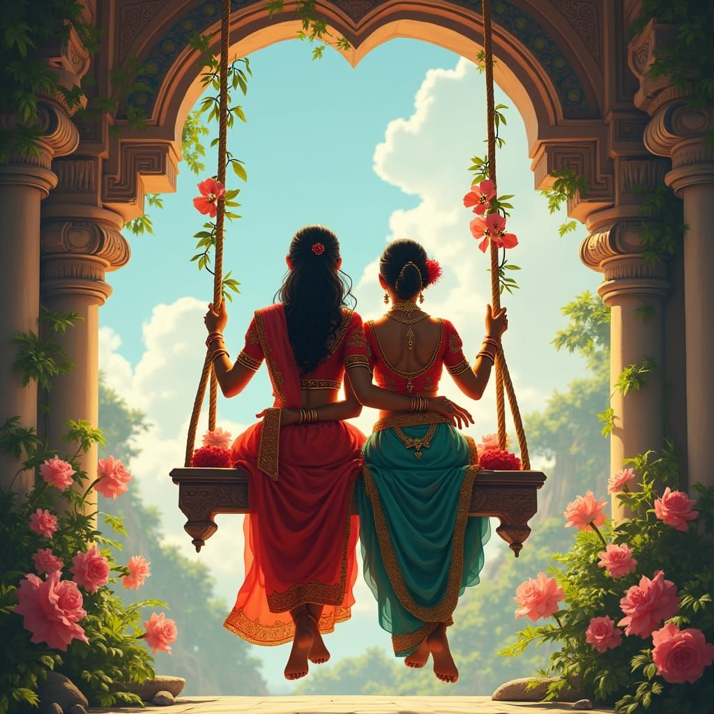 Ornate Indian Couple on Swing: A Digital Matte Painting