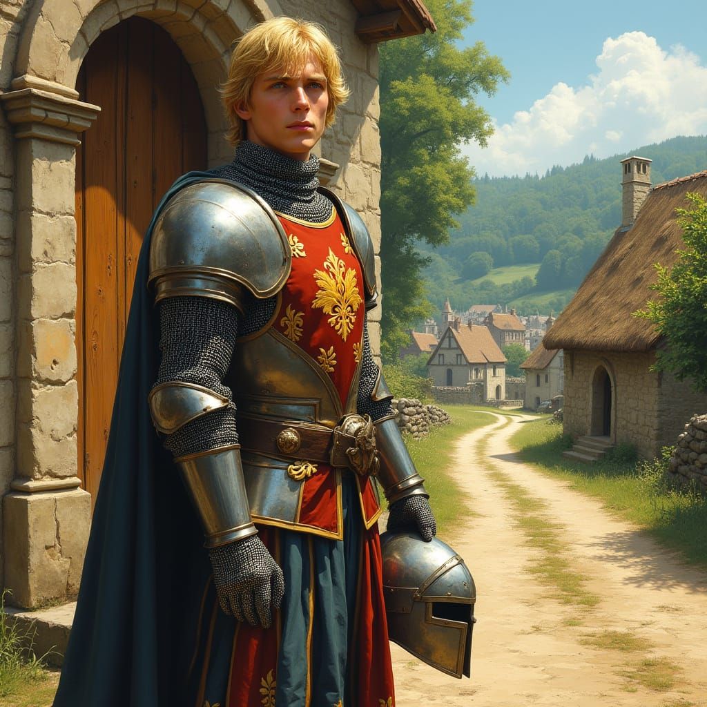 Medieval Knight Standing Outside Rustic Church in Serene Lan...