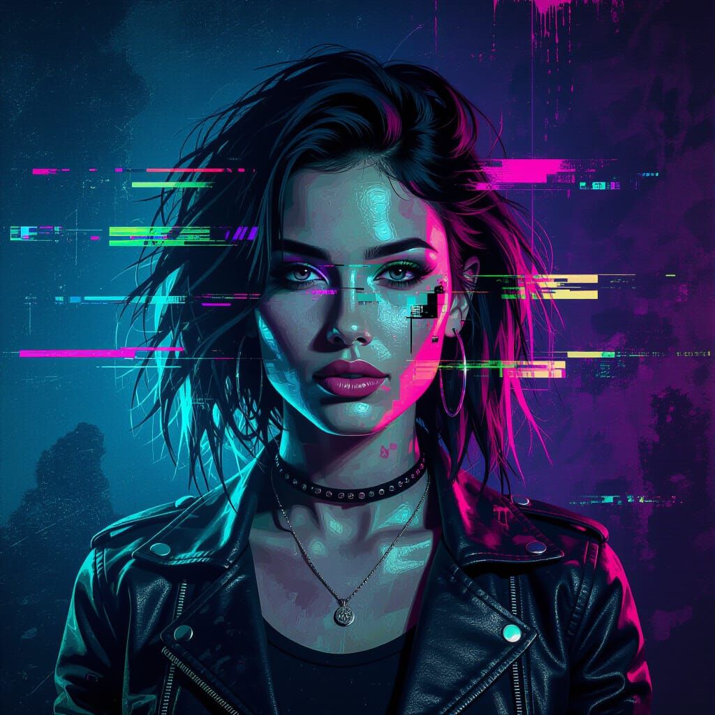 Neon Grunge Glitch Portrait Painting of a Woman
