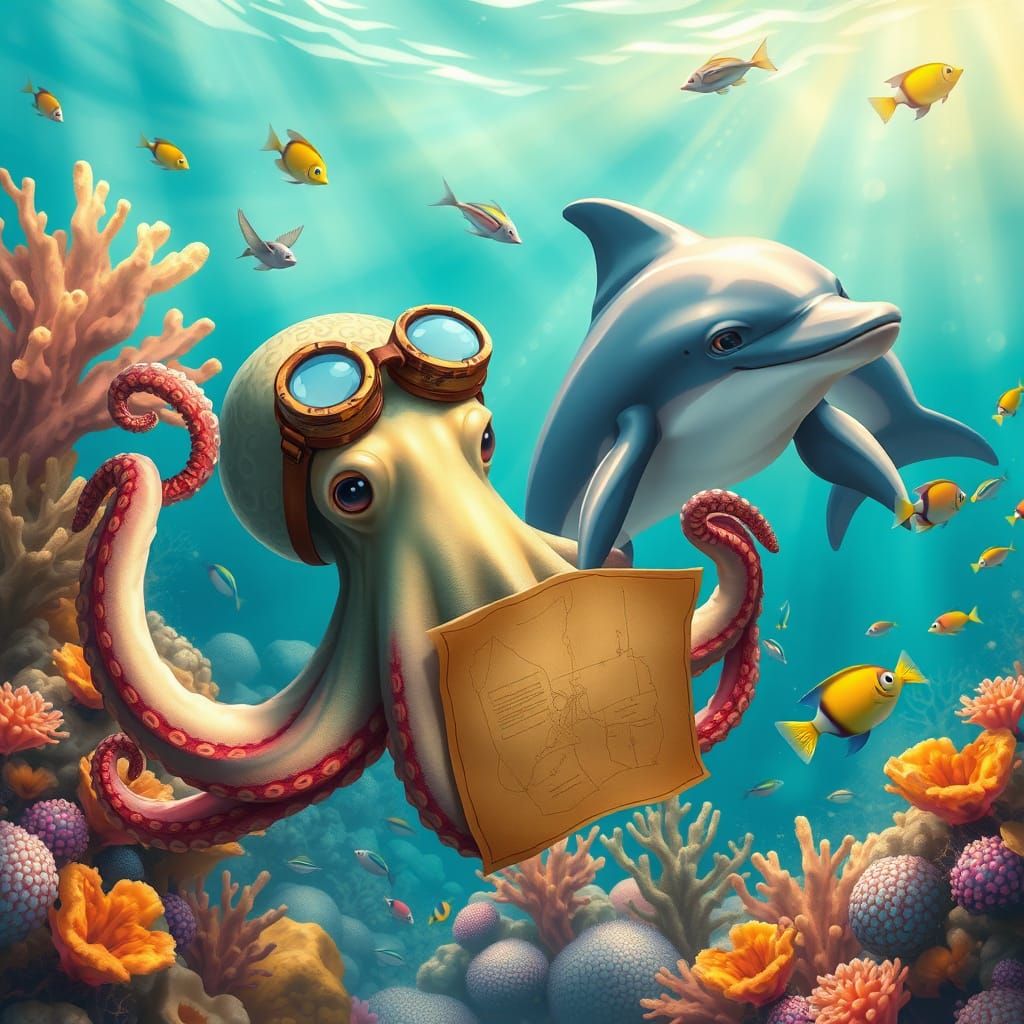 Tropical Friends in a Vibrant Coral Reef Scene, in a Whimsic...