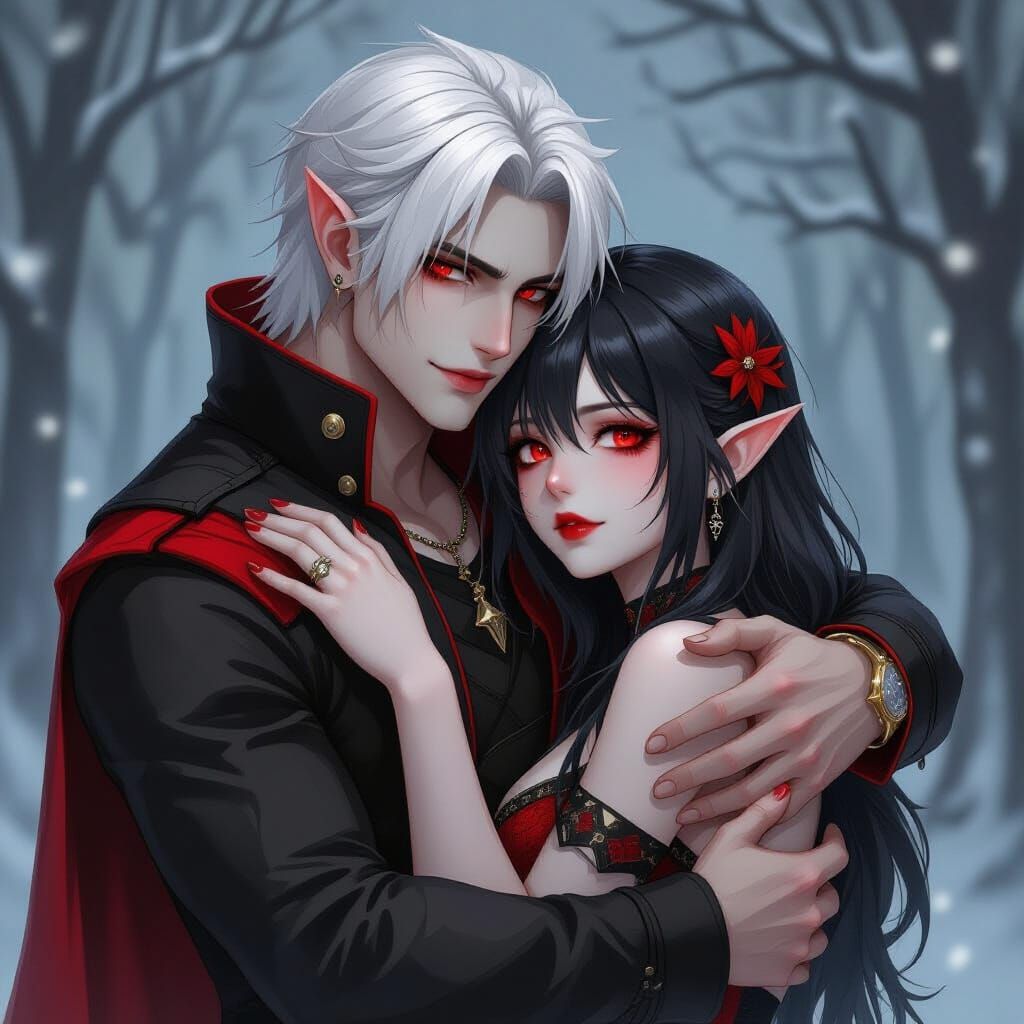 Vampire Couple Embrace: Pale Beauty and Powerful Lover