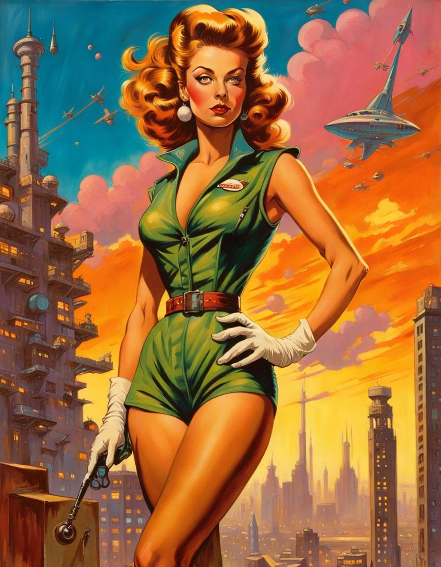 Atompunk Mechanic in City of Tomorrow: Pin-Up Art