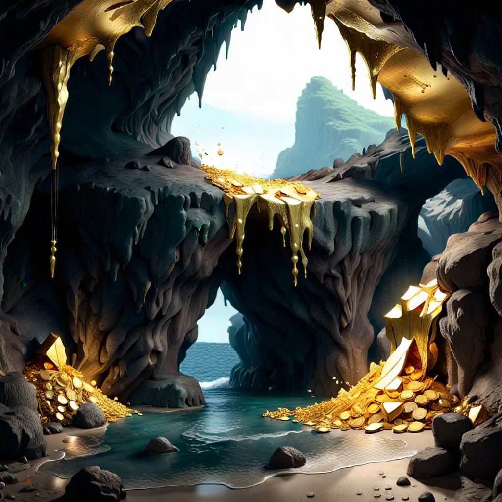 Fantastical Sea Cave Overflowing with Gold Treasures