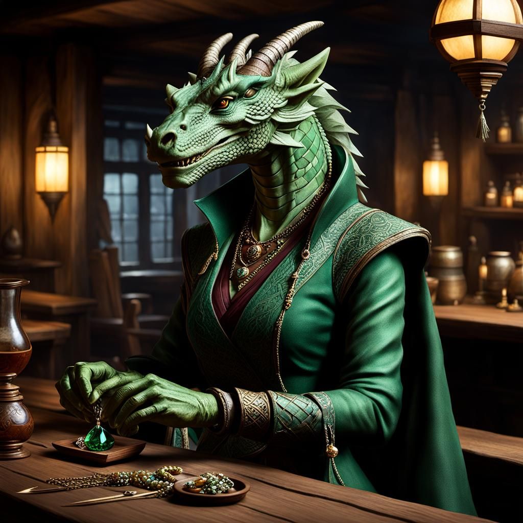 Dragonborn Artisan in Fantasy Tavern