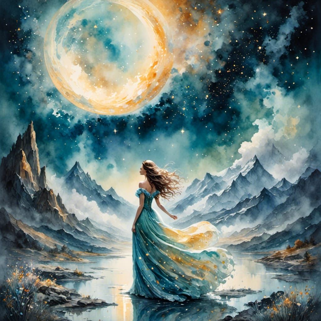 Woman in Moonscape: Dreamy Watercolor Illustration