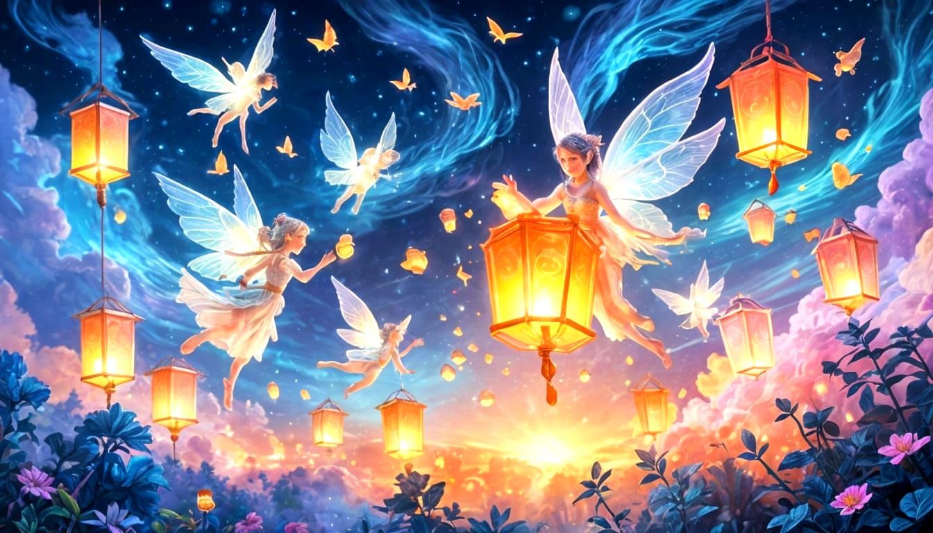 Spirits and Floating Lanterns in Airbrush Illustration
