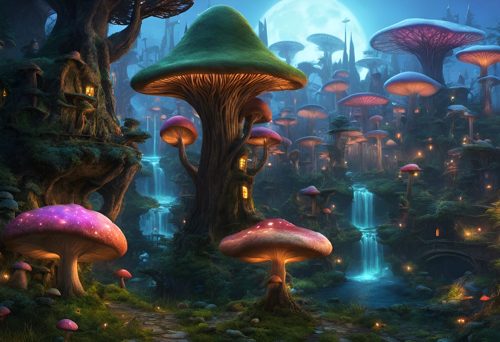 Mystical Fungal Tree City in Dark Fantasy Style