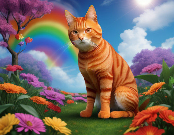 Vibrant Papercraft Cat in Whimsical Garden Setting