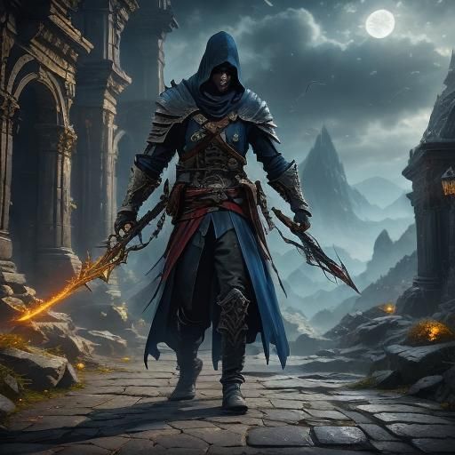 Cute Assassin in Dark Fantasy Landscape