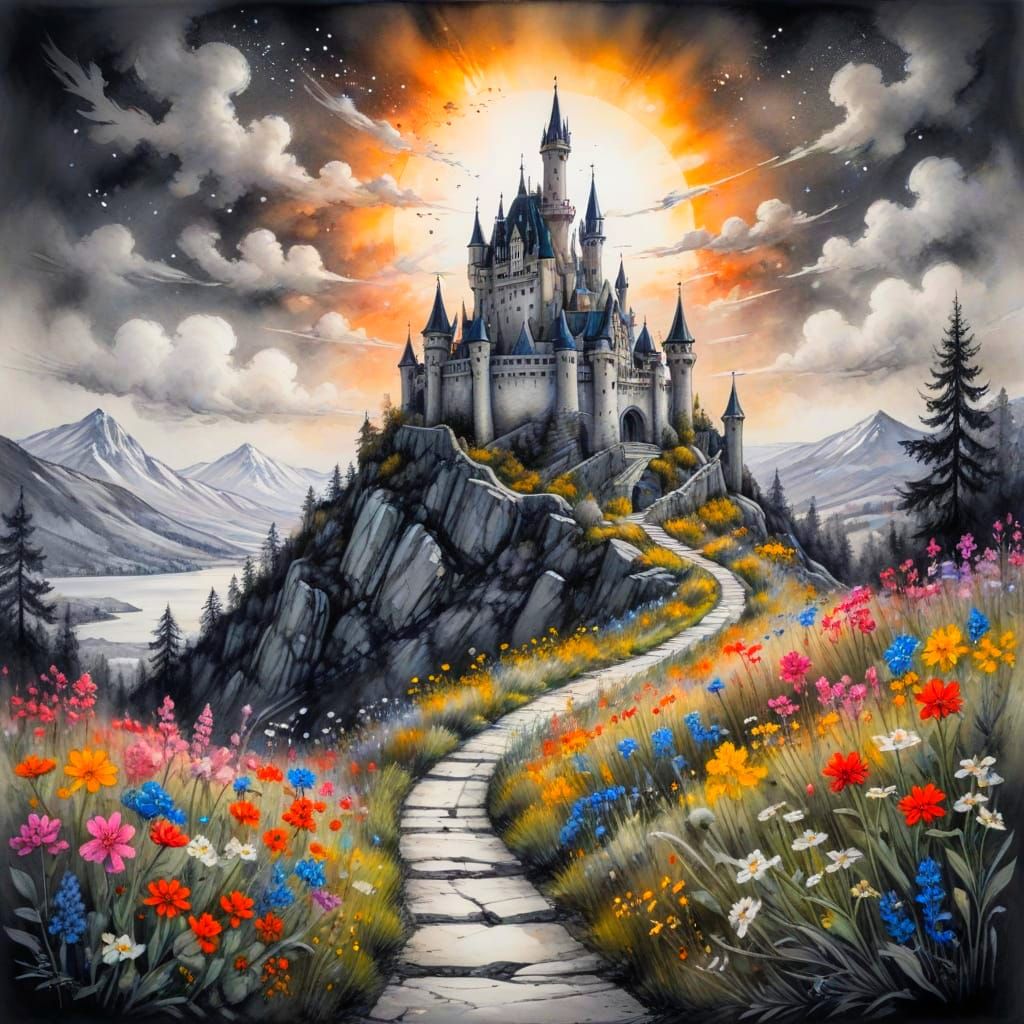 Fairytale Castle in Sunlit Winter Landscape