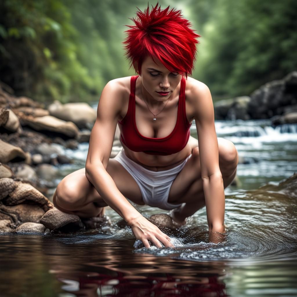 Hyperrealistic Female Soldier Washing Clothes in Stream