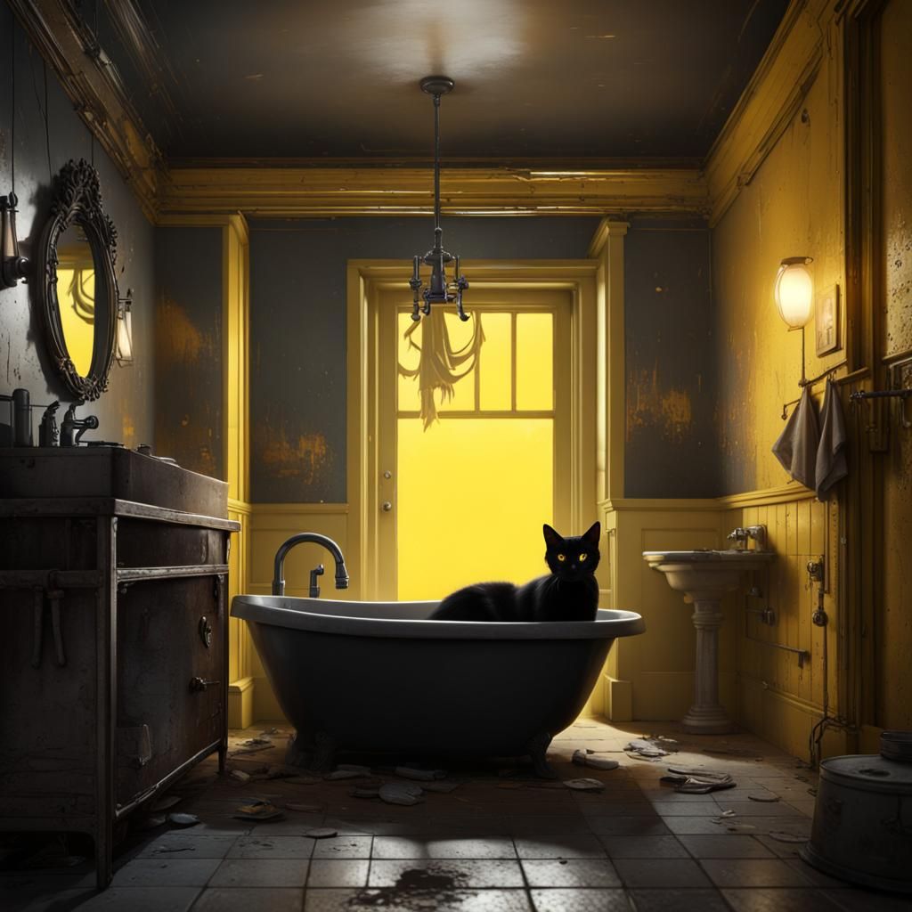 Black Cat in Urban Decay Bathroom: Digital Matte Painting