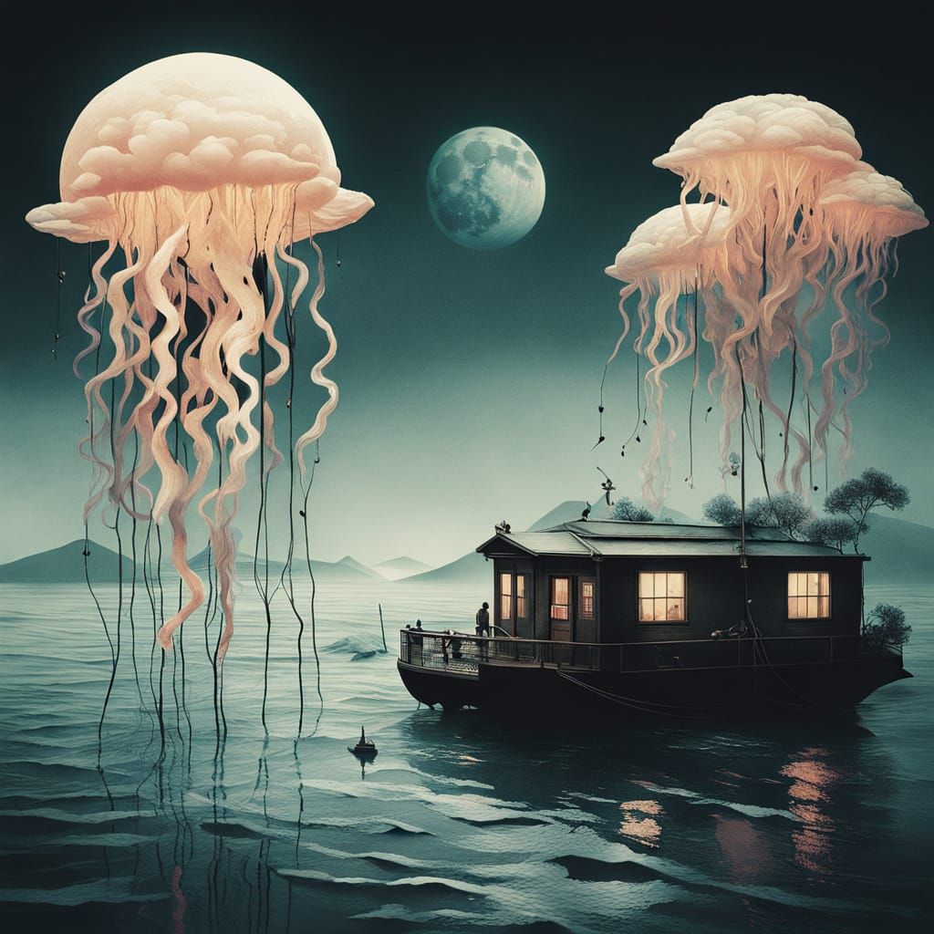 Bioluminescent Jellyfish in Steampunk Coral Reef