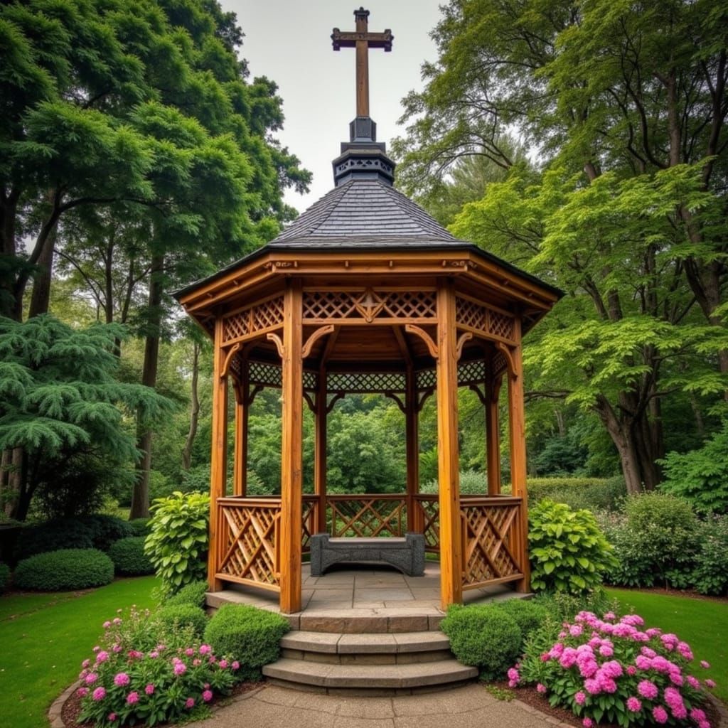 Wooden Gazebo with Cross in Botanical Garden - Hyperrealisti...