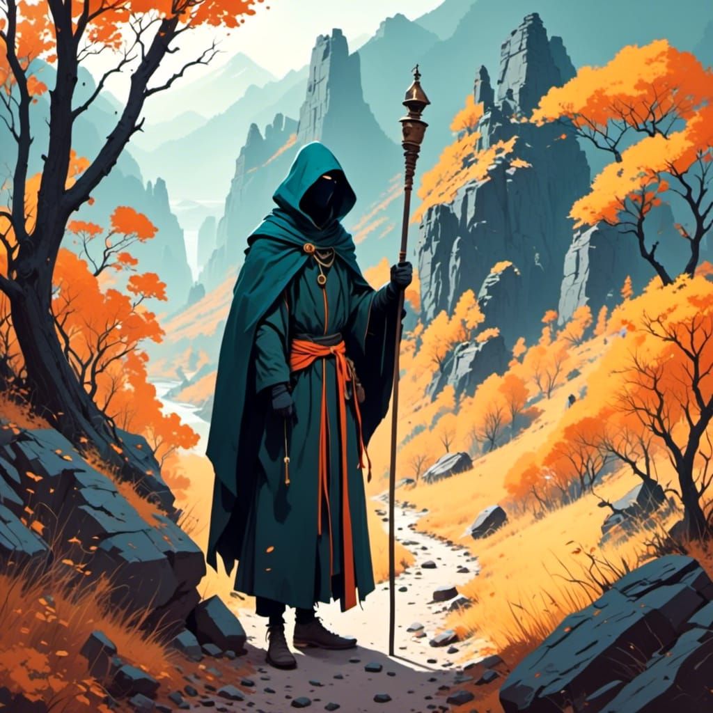 Cloaked Traveler with Staff in Comic Style