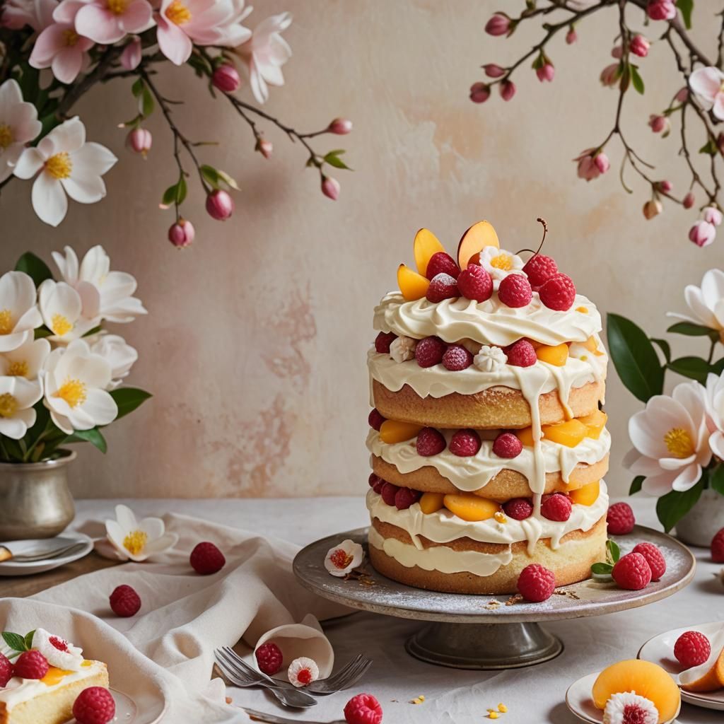 Macro Food Photo of Cake with Peach and Raspberry
