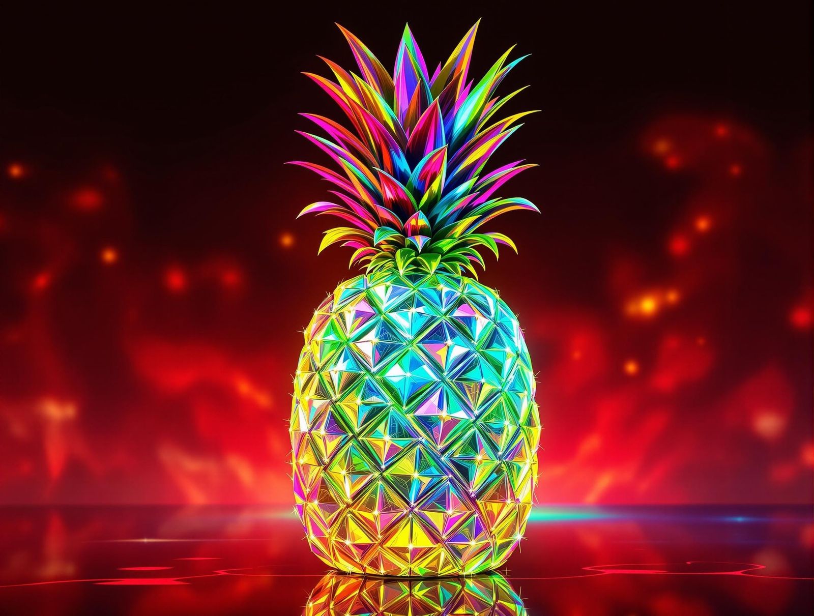 Vibrant Holographic Pineapple in Cyberpunk Anime Style