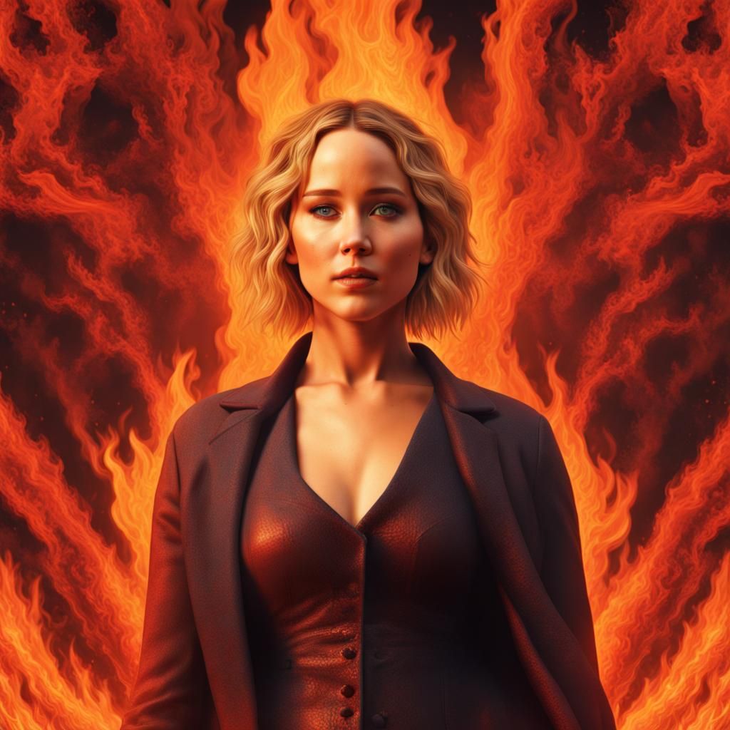 Jennifer Lawrence Surrounded by Flames in Pre-Raphaelite Sty...