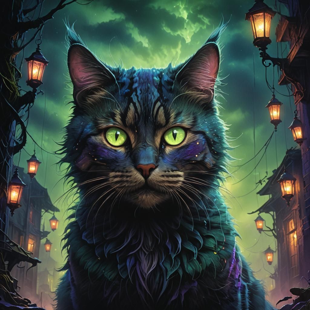 Eerie Cat with Glowing Eyes in Dark Fantasy Style