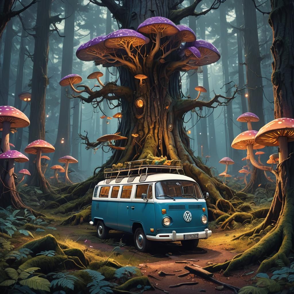Mystical VW Campervan in Fantasy Forest Concept Art