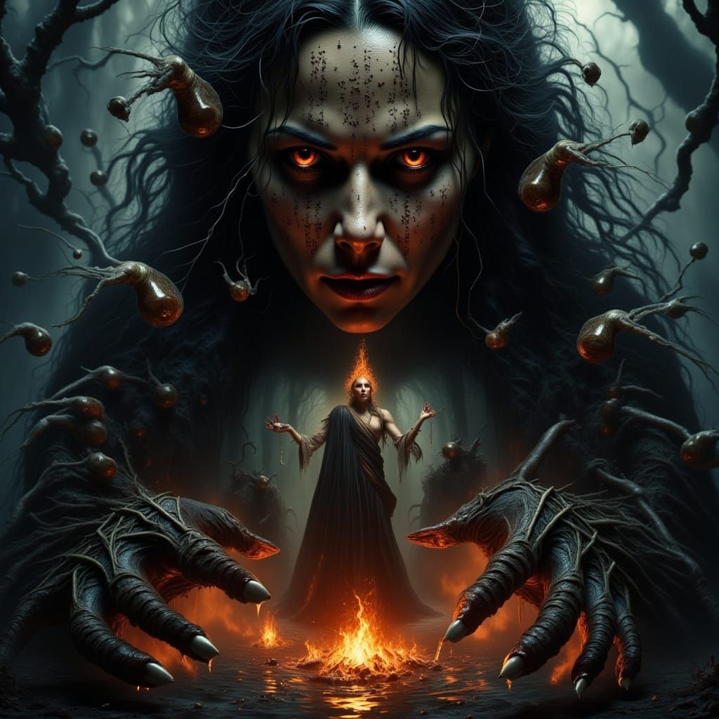 Hollow Witch Casting Spell with Runes, Fire and Water